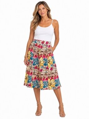 Choices 100% Linen Midi Skirt M Floral Abstract Print Coastal Artsy Boho